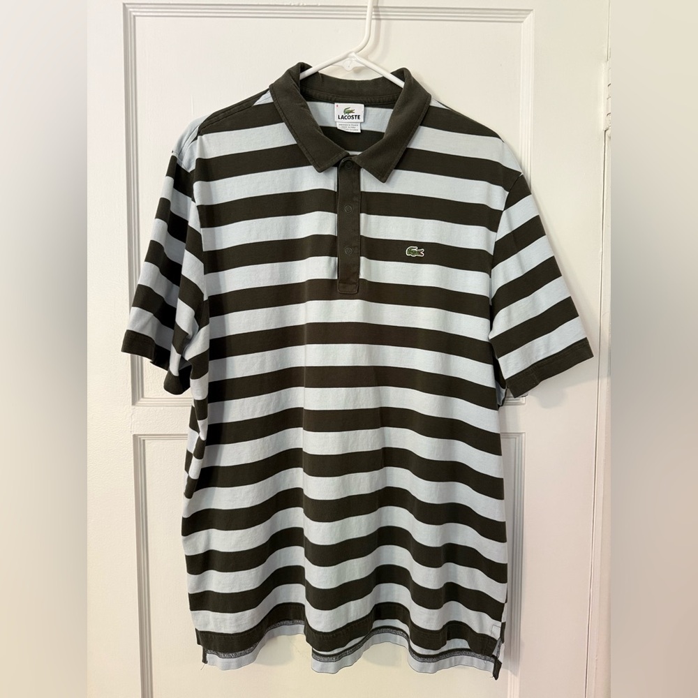 💚🩵Lacoste striped rugby short sleeve polo shirt snap France design 🇫🇷 men’s 8 🐊